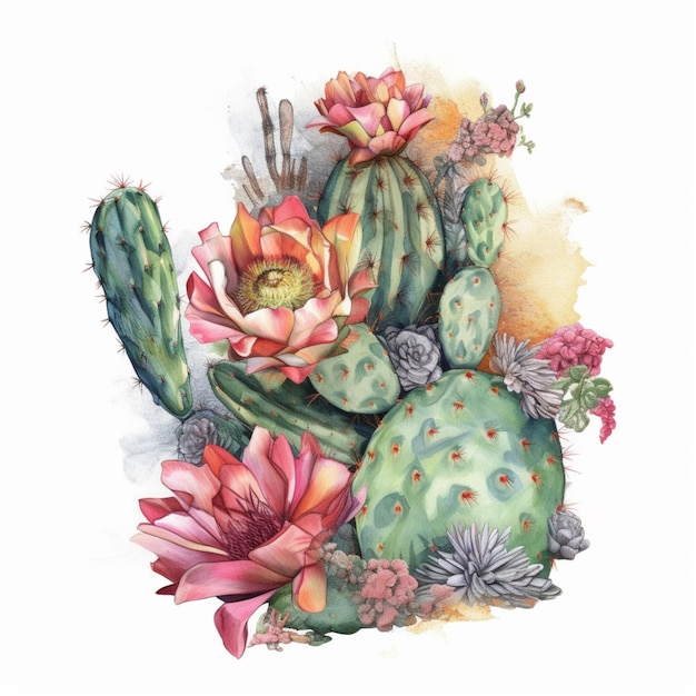 Une peinture d'une variété de cactus et de fleurs.