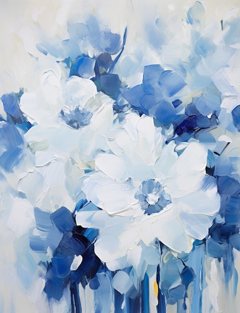peinture d'un vase de fleurs blanches avec des accents bleus