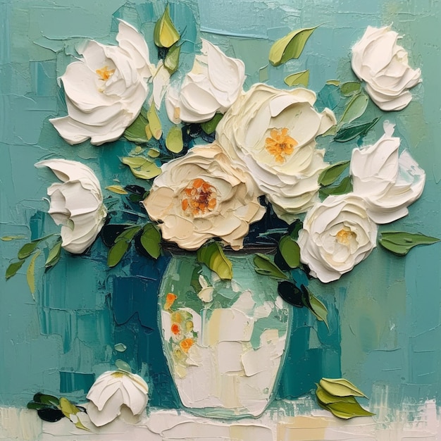 peinture d'un vase avec des fleurs blanches sur un fond bleu