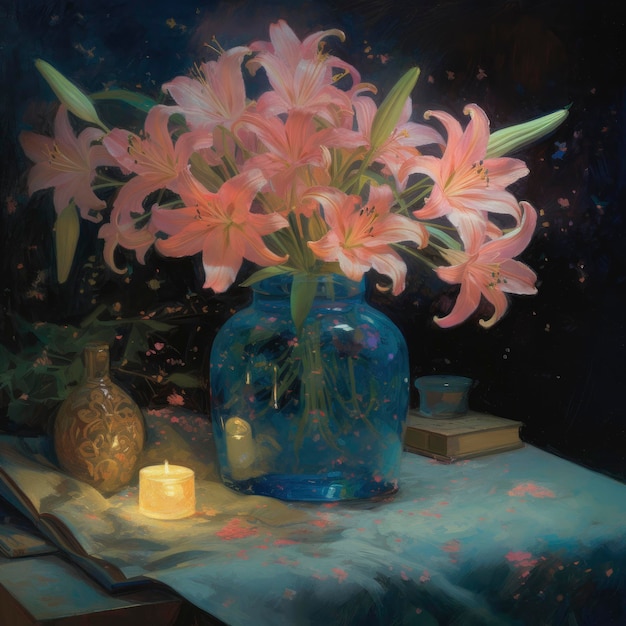 Une peinture d'un vase de fleurs avec une bougie sur la table.