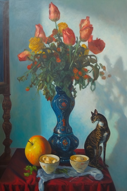 Une peinture d'un vase de fleurs et d'un chat sur une table.