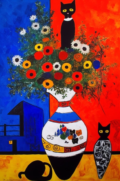 Photo une peinture d'un vase avec des fleurs et un chat.