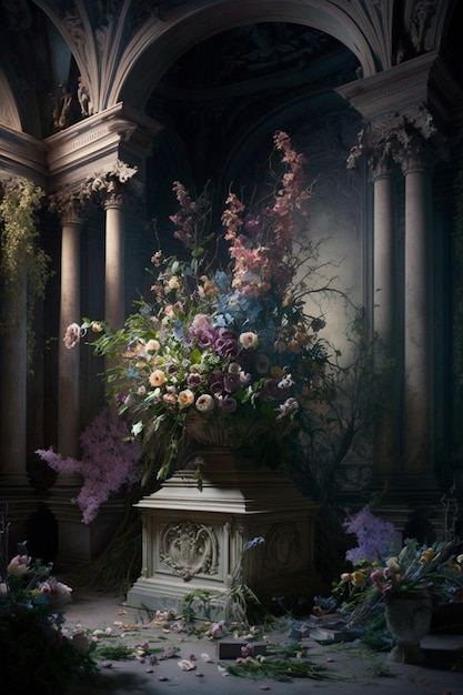 Une peinture d'un vase de fleurs dans une pièce sombre avec un mur derrière.