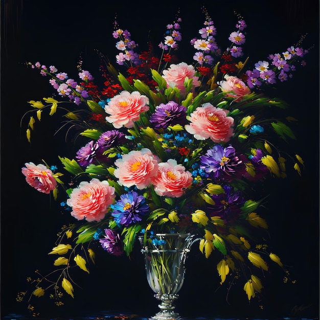 Une peinture d'un vase de fleurs est sur une table.