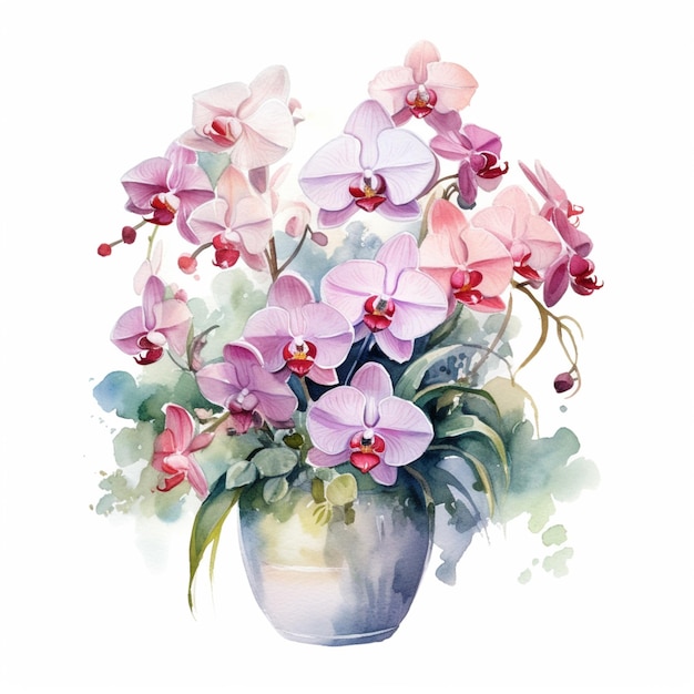 Une peinture d'un vase de fleurs avec des fleurs roses