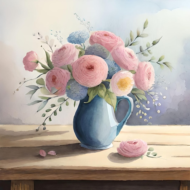 Une peinture d'un vase de fleurs sur une table avec un fond bleu.