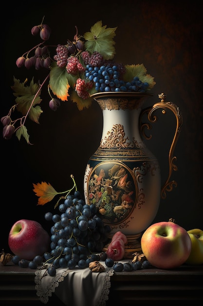 Une peinture d'un vase avec des raisins et des pommes.