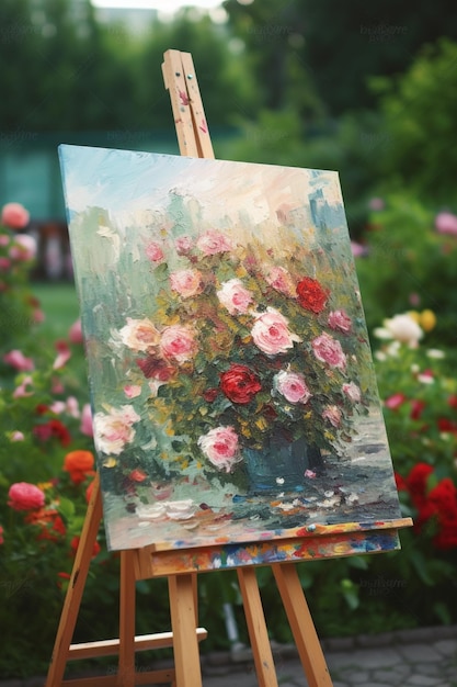 peinture d'un vase de roses sur un chevalet dans un jardin génératif ai