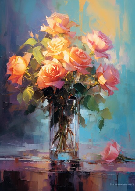 peinture d'un vase de roses sur une table avec un fond bleu