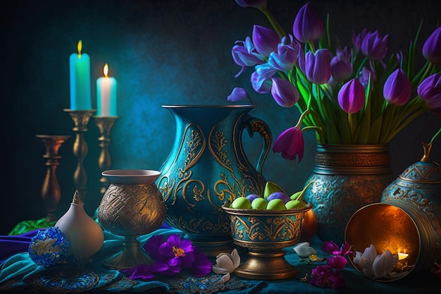 Photo une peinture d'un vase de tulipes et d'une bougie