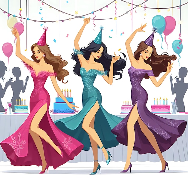 une peinture vectorielle de femmes dansant avec des ballons et un gâteau de fête