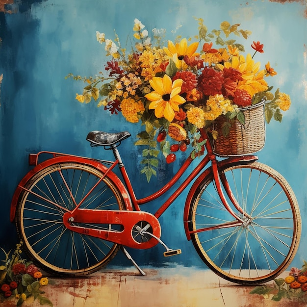 peinture d'un vélo rouge avec un panier de fleurs sur le devant ai génératif
