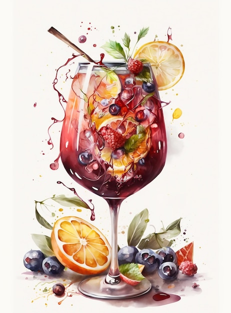 Une peinture d'un verre de fruits et d'une boisson avec un peu d'eau.