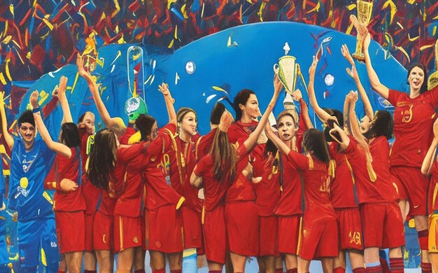 Une peinture vibrante de l'équipe nationale féminine espagnole de football dans les moments de victoire