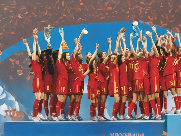 Une peinture vibrante de l'équipe nationale féminine espagnole de football dans les moments de victoire