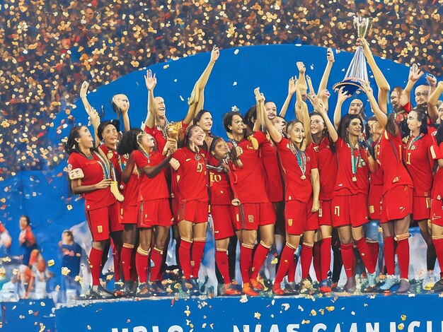 Une peinture vibrante de l'équipe nationale féminine espagnole de football dans les moments de victoire