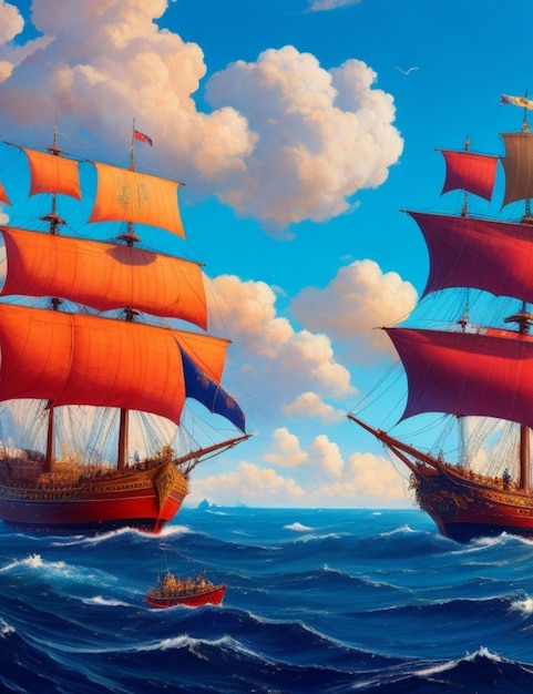 Une peinture vibrante des trois navires de Colomb traversant un vaste océan de possibilités.