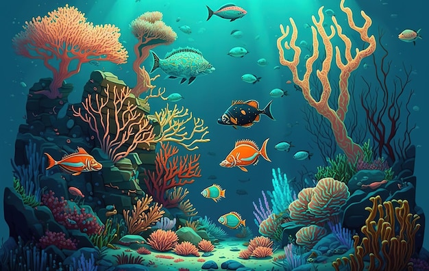 Une peinture d'une vie marine avec un poisson et des coraux.