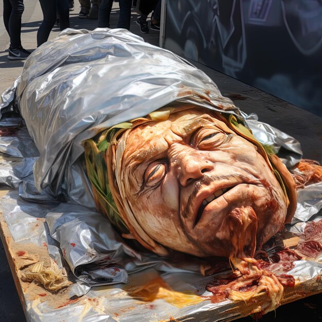 Photo une peinture d'un vieil homme allongé sur une table avec une tête couverte de feuille d'argent