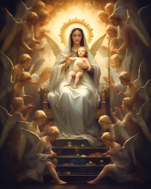 Une peinture d'une vierge marie avec des anges sur le dessus