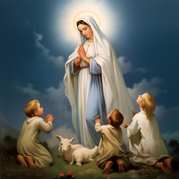 Peinture de la Vierge Marie enfants prières et chèvre Notre-Dame de Fatima