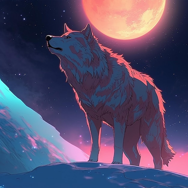 Peinture vieux loup regardant le ciel contre la pleine lune nuit Generative AI