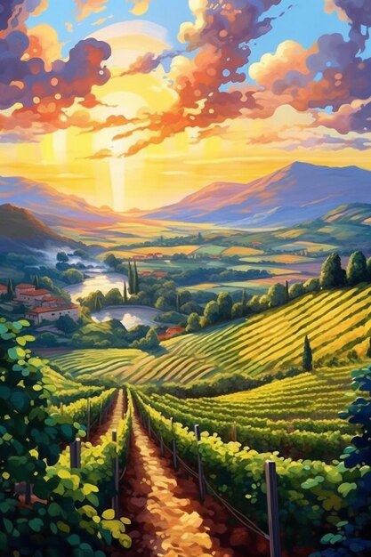 Peinture d'un vignoble avec un coucher de soleil en arrière-plan