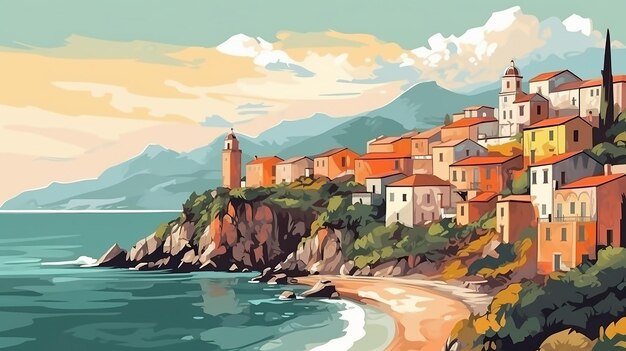 Une peinture d'un village au bord de la mer