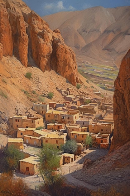 Une peinture d'un village au maroc