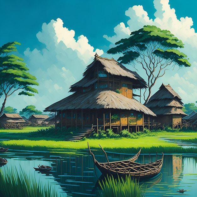 Une peinture d'un village avec un bateau dans l'eau