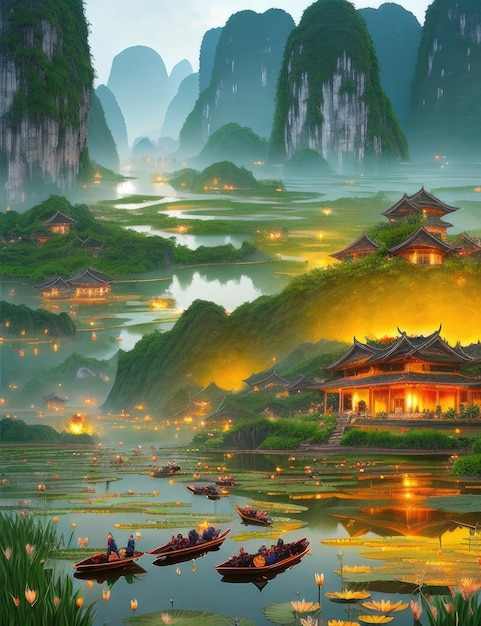 Une peinture d'un village en Chine