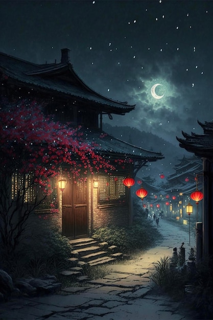 Peinture d'un village chinois la nuit ai générative