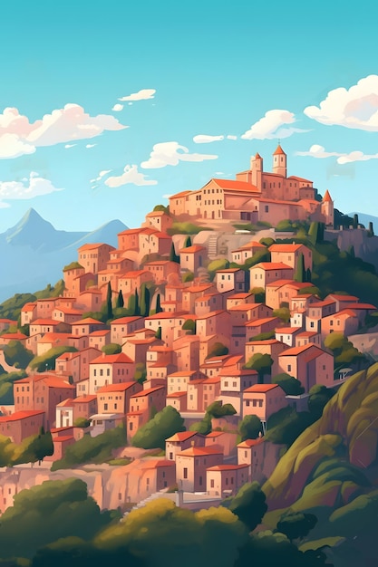 Photo une peinture d'un village sur une colline avec une montagne en arrière-plan
