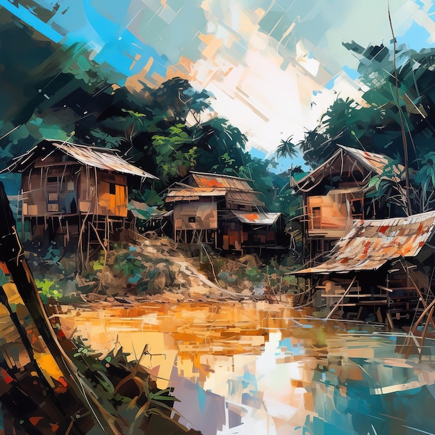 Une peinture d'un village dans la jungle