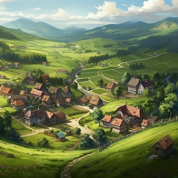 Une peinture d'un village dans les montagnes