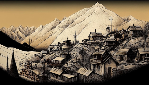 Une peinture d'un village avec des montagnes en arrière-plan.