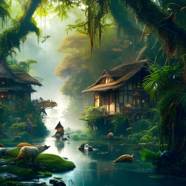 Une peinture d'un village avec une rivière et une maison dessus