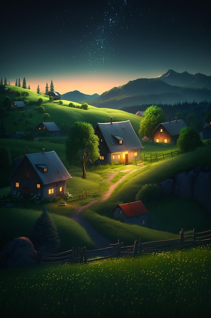 Peinture d'un village rural la nuit ai générative