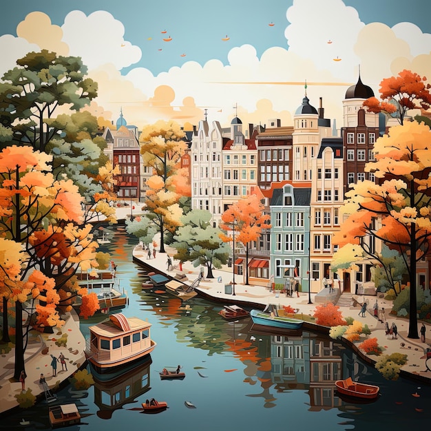 Photo une peinture d'une ville avec des bateaux et des bâtiments en arrière-plan
