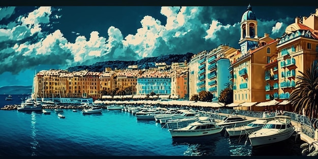 Une peinture d'une ville avec des bateaux et des bâtiments au premier plan.
