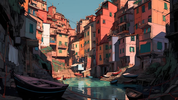 Une peinture d'une ville avec des bateaux dans l'eau.