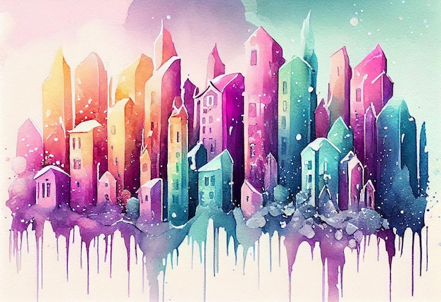 Peinture d'une ville avec beaucoup de bâtiments colorés et un ciel arc-en-ciel ai génératif