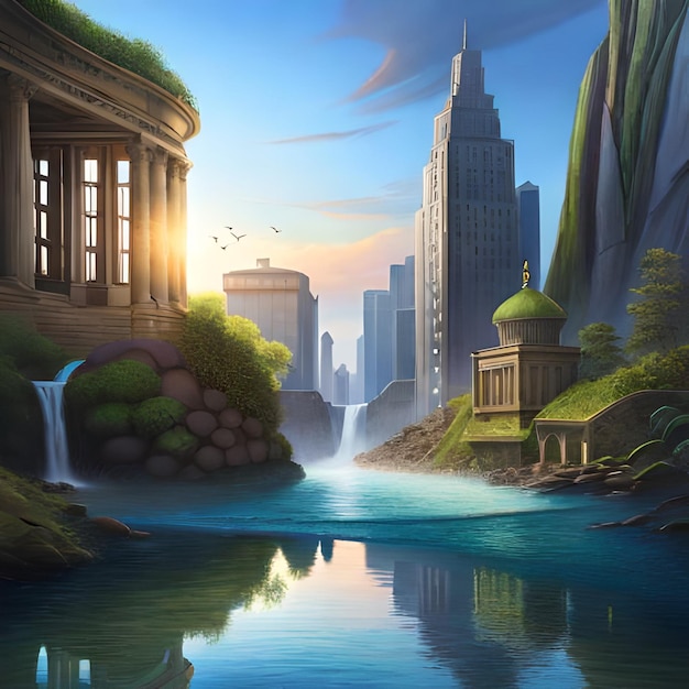 Une peinture d'une ville avec une cascade et une cascade.