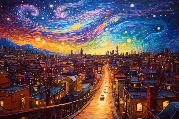 Une peinture d'une ville avec un ciel étoilé et le mot "ville" dessus.