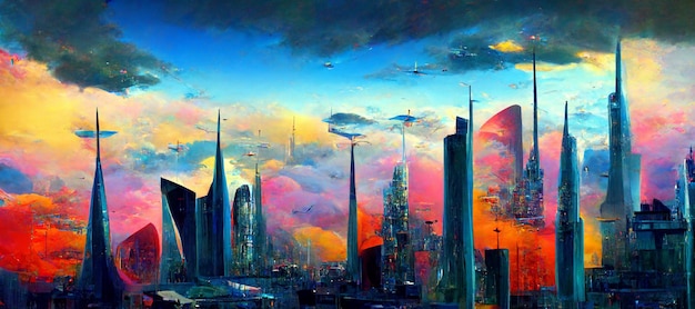 Une peinture d'une ville avec un ciel nuageux et une planète en arrière-plan.