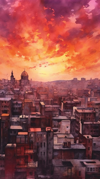 peinture d'une ville avec un coucher de soleil en arrière-plan