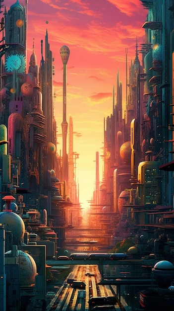 Une peinture d'une ville avec un coucher de soleil en arrière-plan.