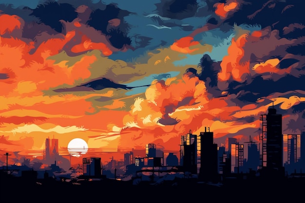 Une peinture d'une ville avec un coucher de soleil et des nuages