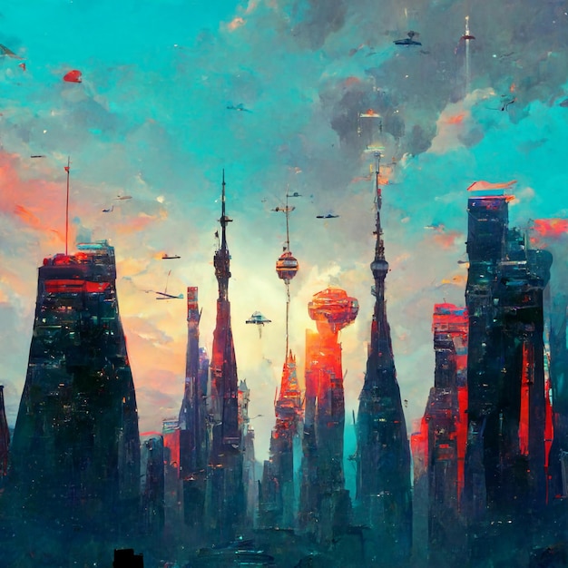 Peinture d'une ville futuriste au coucher du soleil générative ai
