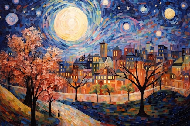 Une peinture d'une ville avec une lune et des étoiles dessus